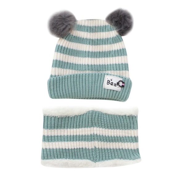 Infant Baby Mint Green Striped Winter Hat & Ring Scarf Set - Picture 2 of 15